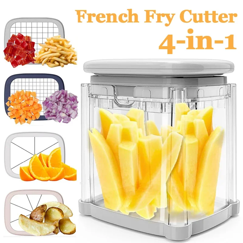 French Fry Cutter 4in1 Potato Cutter for Fries Onion Dicer Food Chopper Apple Slicer Manual Hand Vegetable Cutter with 4 Blade