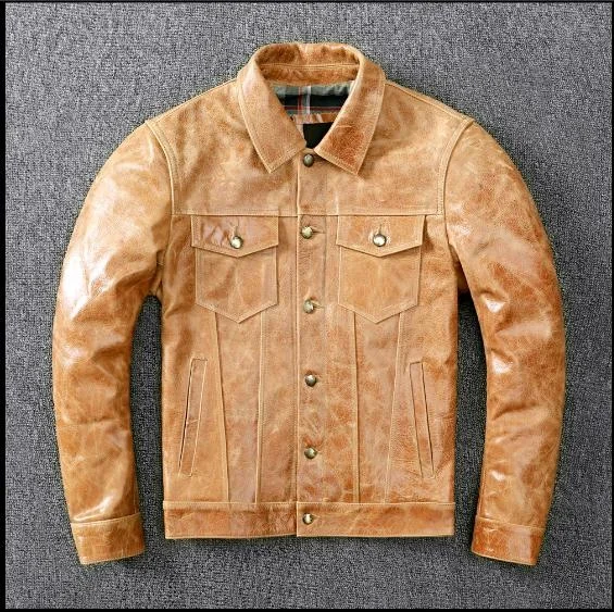 slim Mens Free shipping.2023 genuine leather jacket,Vegetable tanned batik head leather coat,classic 507 style leather jacket