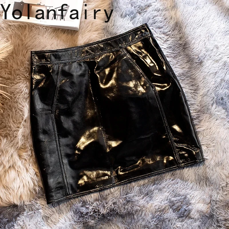 

New Genuine Leather Skirts for Women Clothing Korean Fashion Sheepskin Skirt Black High Waist Skirts Shiny Streetwear Ropa Mujer