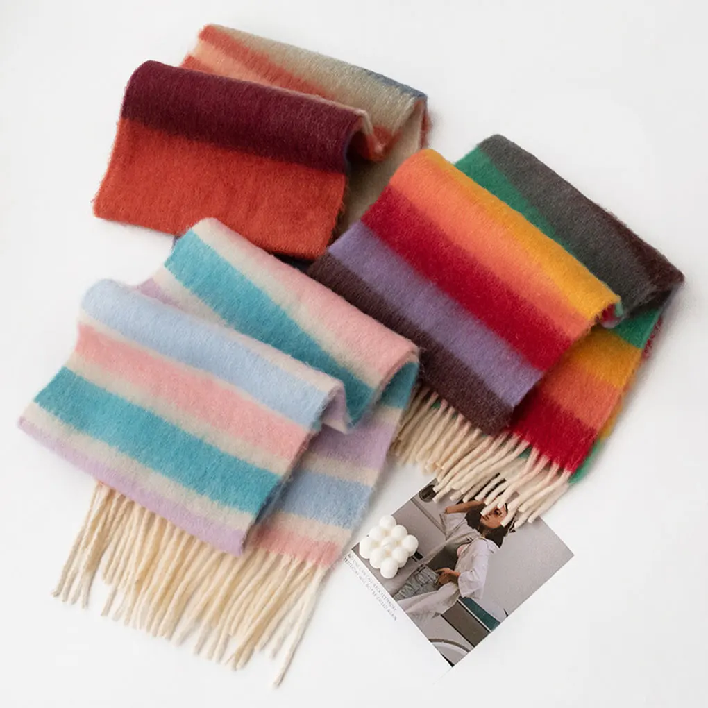 2024 New Rainbow Plaid Fringed Women’s Scarf Winter Thickened Neck Warmer Color Block Imitation Cashmere Pashmina