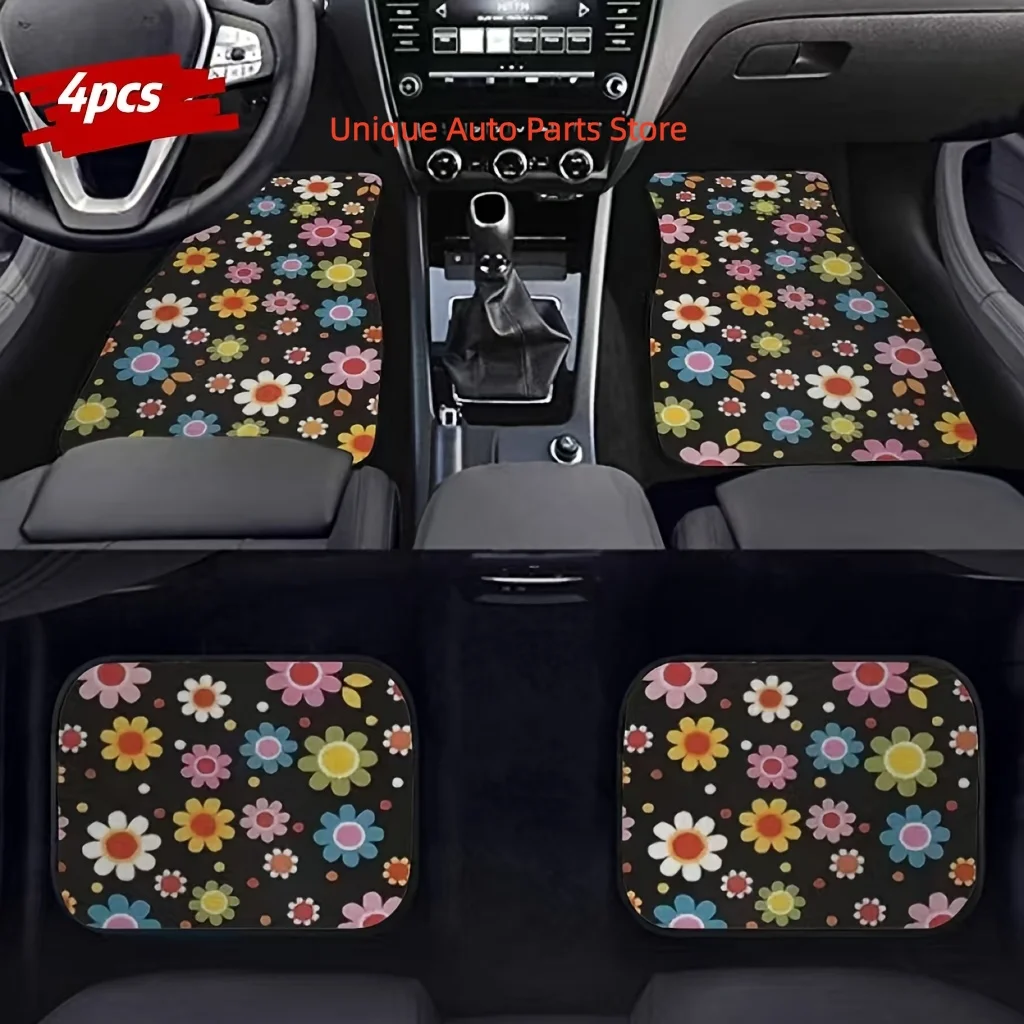 4pcs Universal Floral Car Floor Mats- Durable, Fits Most Cars, Sedans, SUVs- Peace and Flower Design