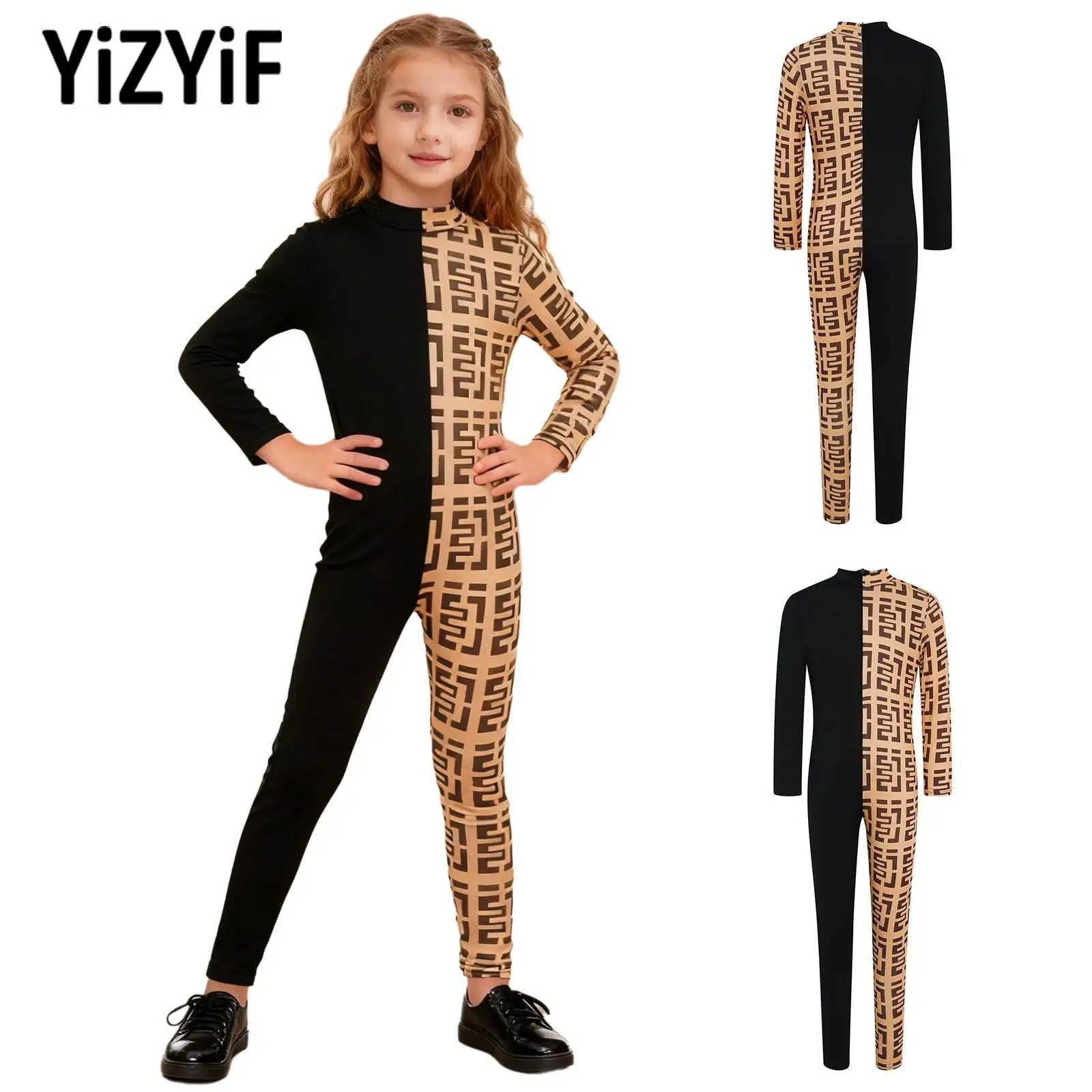 

Детский комбинезон для фигурного катания и танцев для девочек, костюмы для выступлений, боди на молнии с длинными рукавами контрастного цвета, комбинезон для тренировок