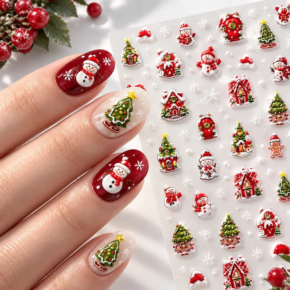 1Pc Coquette Nail Wraps 5D Snowman Gingerbread Man Candy Snowflake Embossed Self Adhesive Decals Christmas Party Nail Supplies