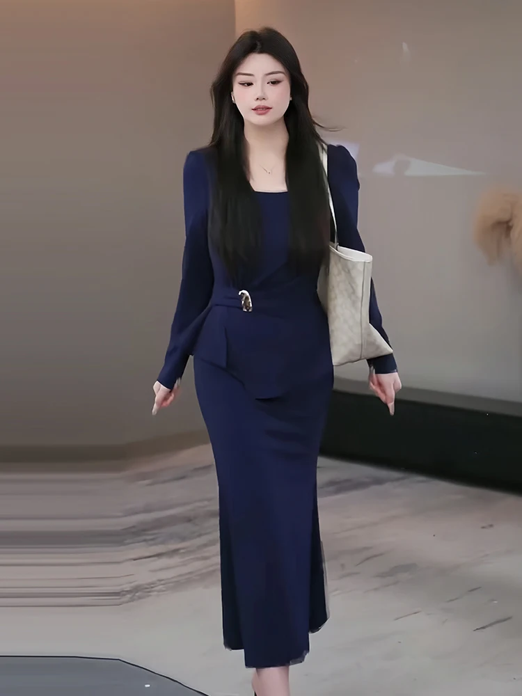 

Женское длинное платье больших размеров с высокой талией, силуэт трапециевидной формы, зимняя новинка, внутренняя одежда, базовый слой, стильная мода