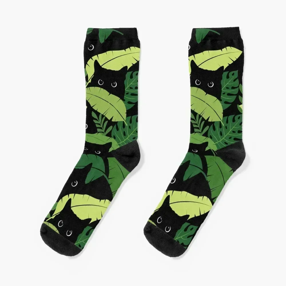 Black Cats Peeking From Tropical Leaves Floral Socks snow hiking retro custom sports Socks Female Men's