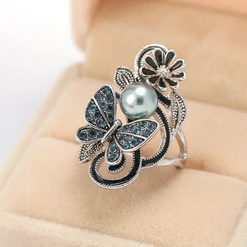 Trendy Ink Blue Pearl Butterfly Crystal Women\'s Ring For Engagement Wedding Jewelry Copper Accessories Rings Wholesale