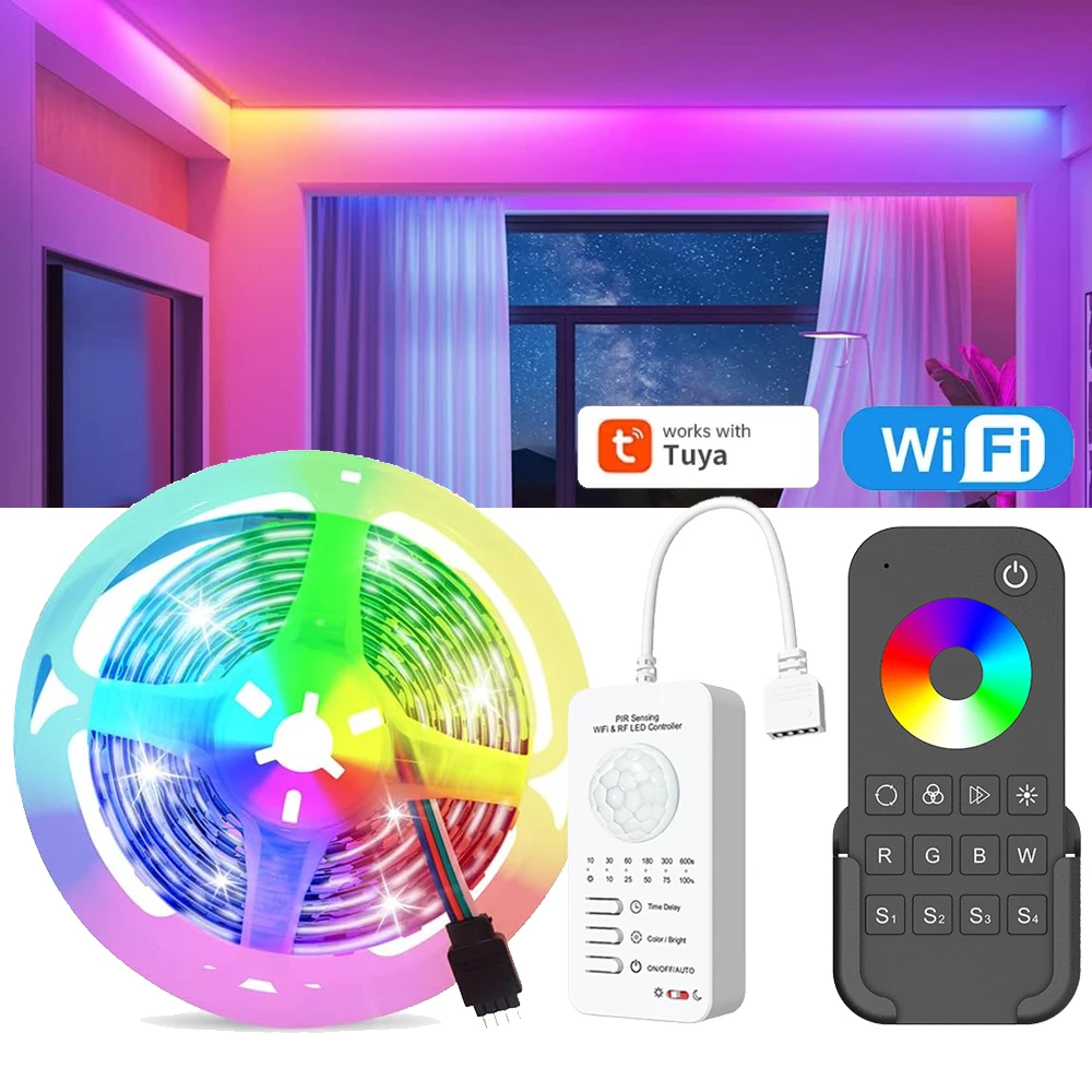Tuya WiFi RGB LED Strip 5m 10m PIR Motion Sensor 5050 Waterproof Dimmable Bed Room Decor Light Band RF Remote for Alexa Google