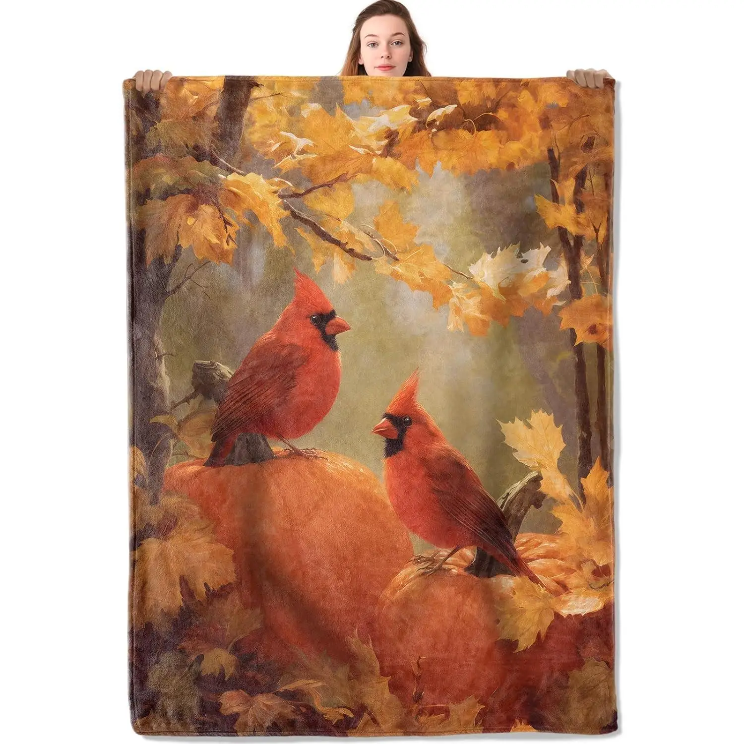 

Осеннее фланелевое одеяло-кардинал с тыквой и осенними листьями, теплые пледы для пикника, путешествий, всесезонные подарки для любителей птиц
