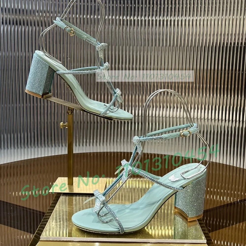 Crystal Bow T Strap Block Heels Sandals Women Luxury Strappy Bling Colorful Open Toe Shoes Female Shimmer Silver Sole Sandals