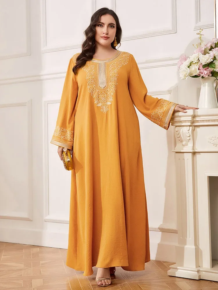 Plus Size 4XL Women Dress Muslim Eid Floral Embroidery Long Sleeve Abaya Casaul Maxi Dresses Summer Party Vestidos Caftan 2024