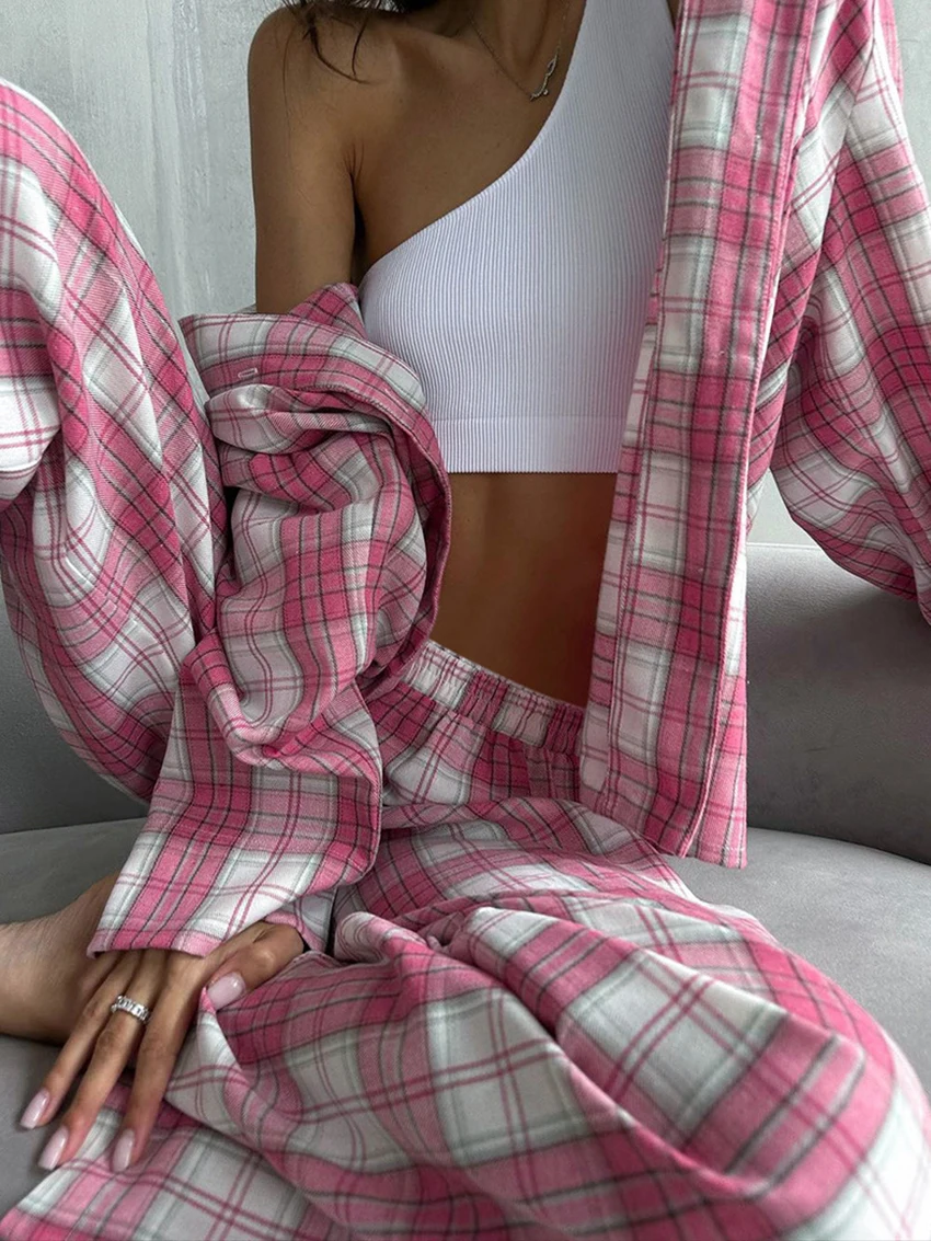 Marthaqiqi New Winter Plaid Women Nightgowns Set Long Sleeve Nightwear Turn-Down Collar Sleepwear Pants Casual Femme Pajama Suit