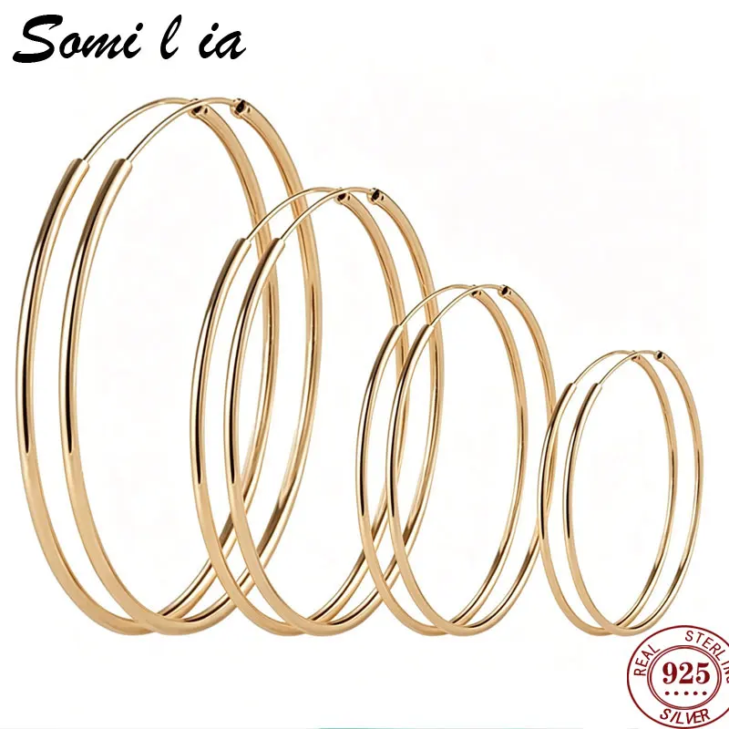 SOMILIA 925 Sterling Silver Hoop Earrings for Women 18K Yellow Golden Fine Jewelry Female Fashion Women Earrings E5001 30-90mm