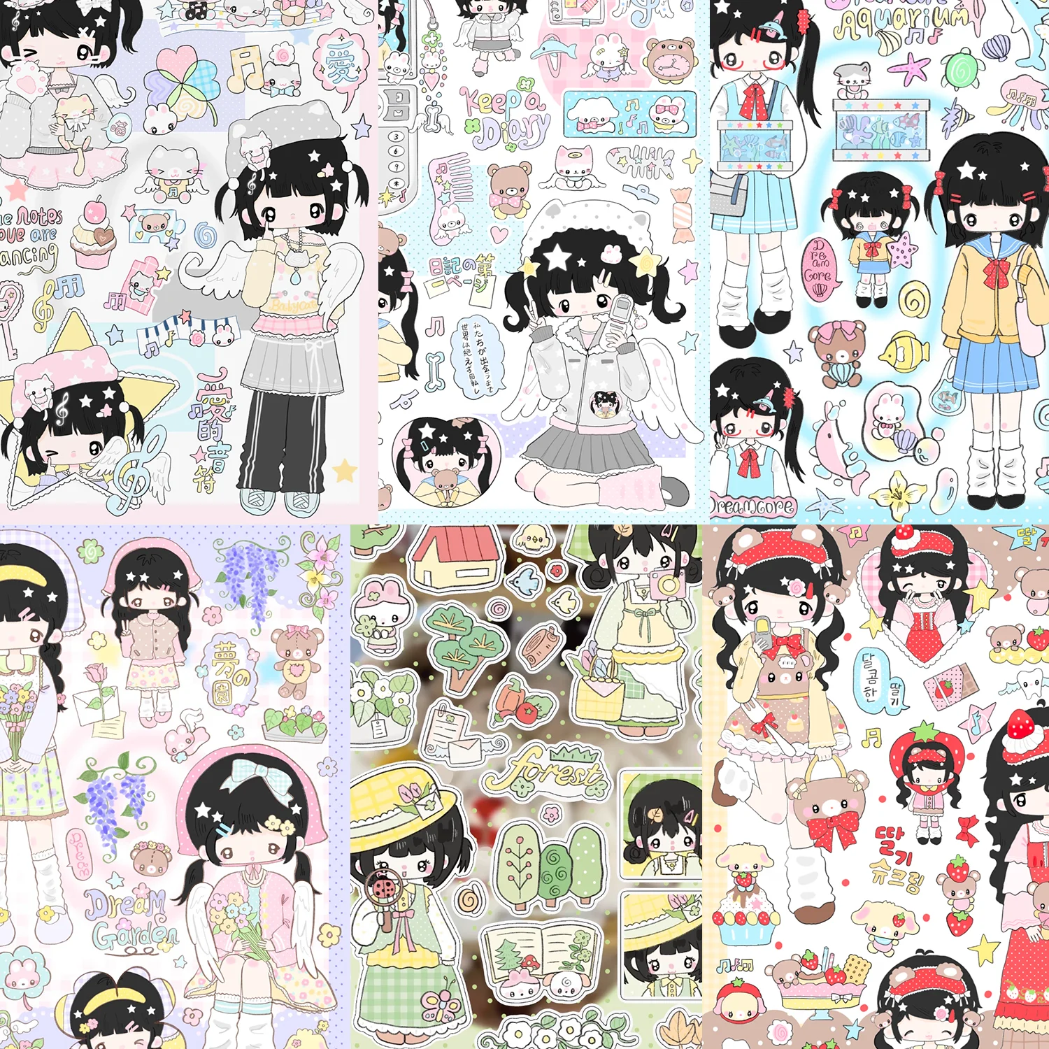Set de Adhesivos DreamPatch | Collage de Chicas en Tonos Iridiscentes: Azul Celeste, Aqua, Morado y Rojo Salvia para Libros de Recuerdos