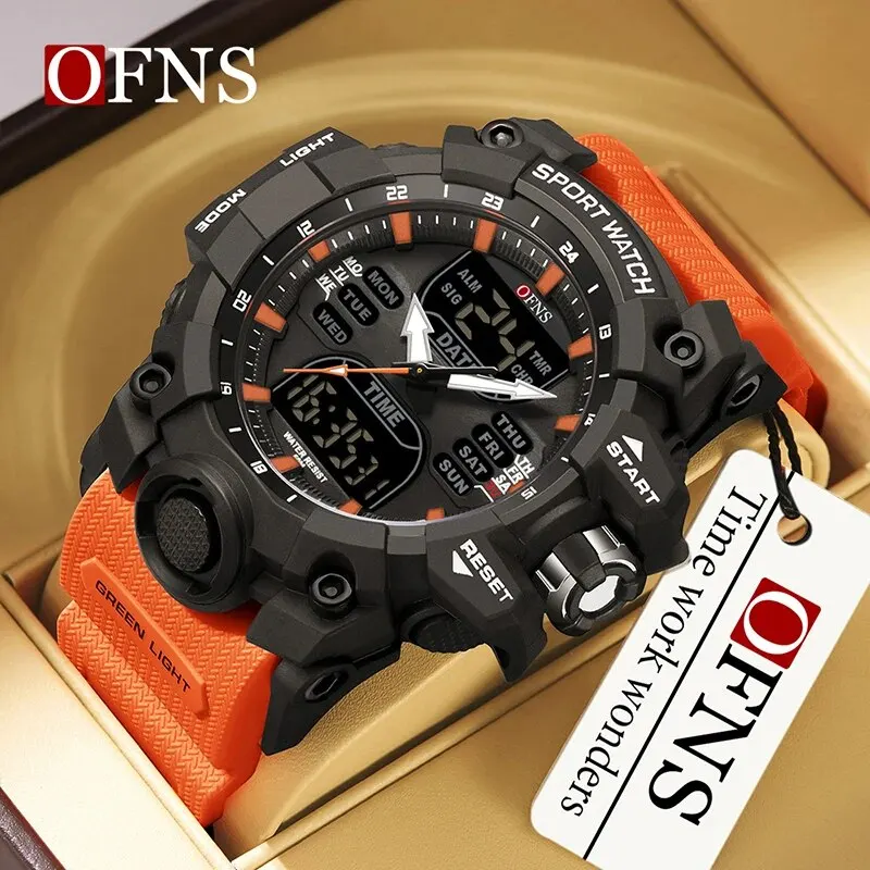 OFNS jam tangan pria, jam tangan olahraga militer pria dengan Stopwatch Quartz tampilan ganda tahan air