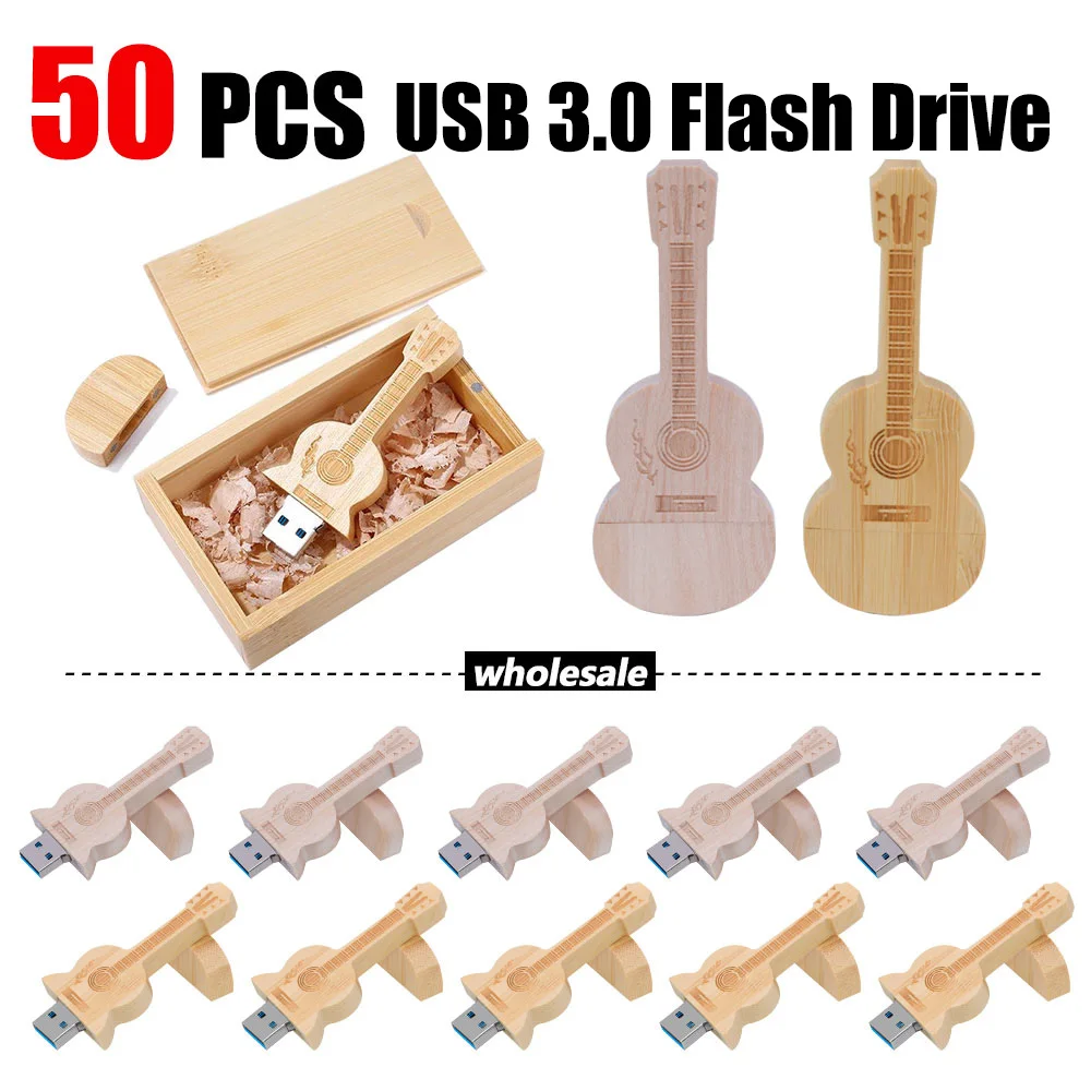 50pcs lot Free Custom LOGO Wooden Guitar USB 3.0 Flash Drive 8G 16G 32G 64GB 128GB Exquisite gifts Pen Drives Box Memory Stick