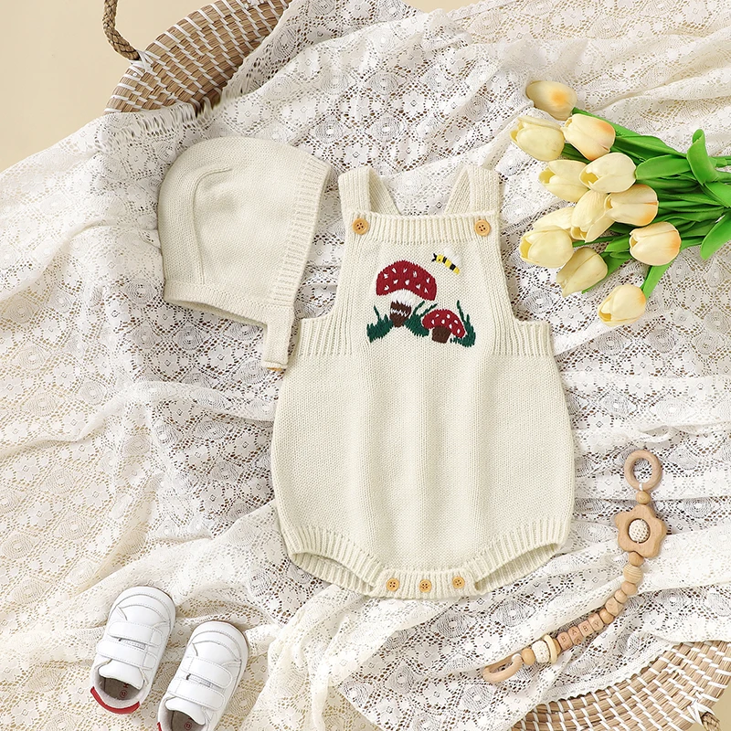 Newborn Infant Baby Girls Bodysuits 0-18m Sleeveless Knitted Toddler Kids Boys Girls Onesie Jumpsuits Hats Outfit Sets 2pcs Wear