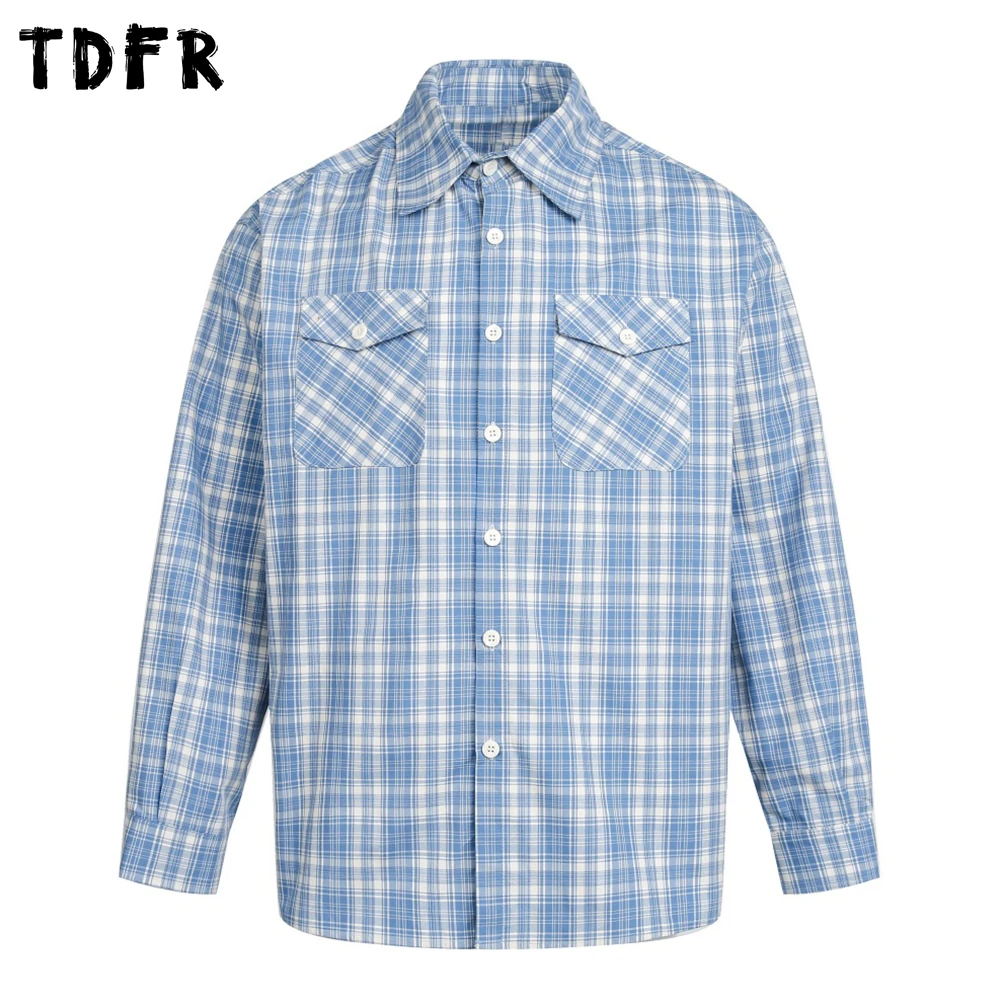 Pocket Plaid Shirts Shirt Mens Spring Retro Casual Loose Long Sleeve Cotton Lapel Checked Shirt Man