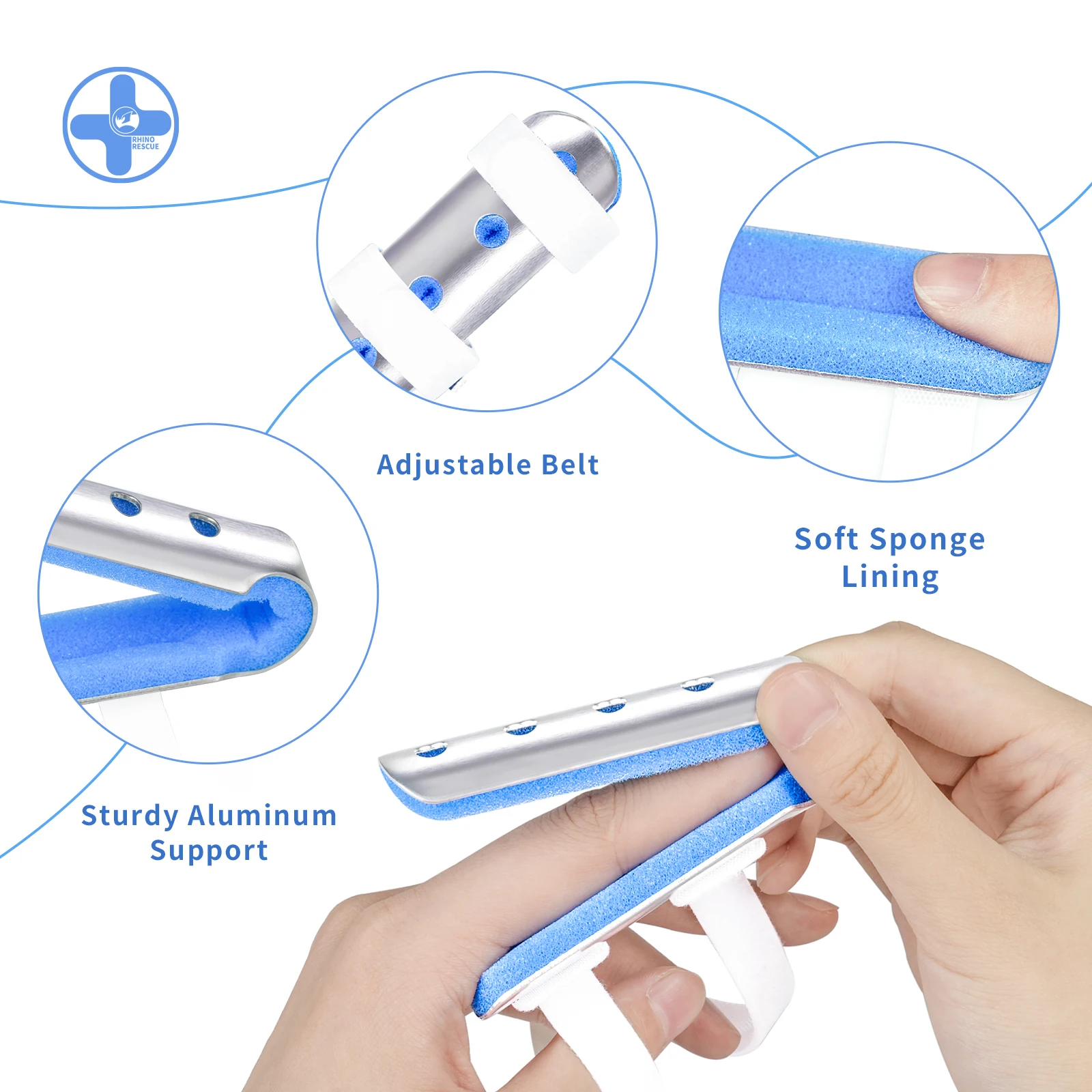 Rhino Rescue Finger Splint – 3PCS Adjustable Finger Brace for Broken Fingers & Joint Support (Blue)
