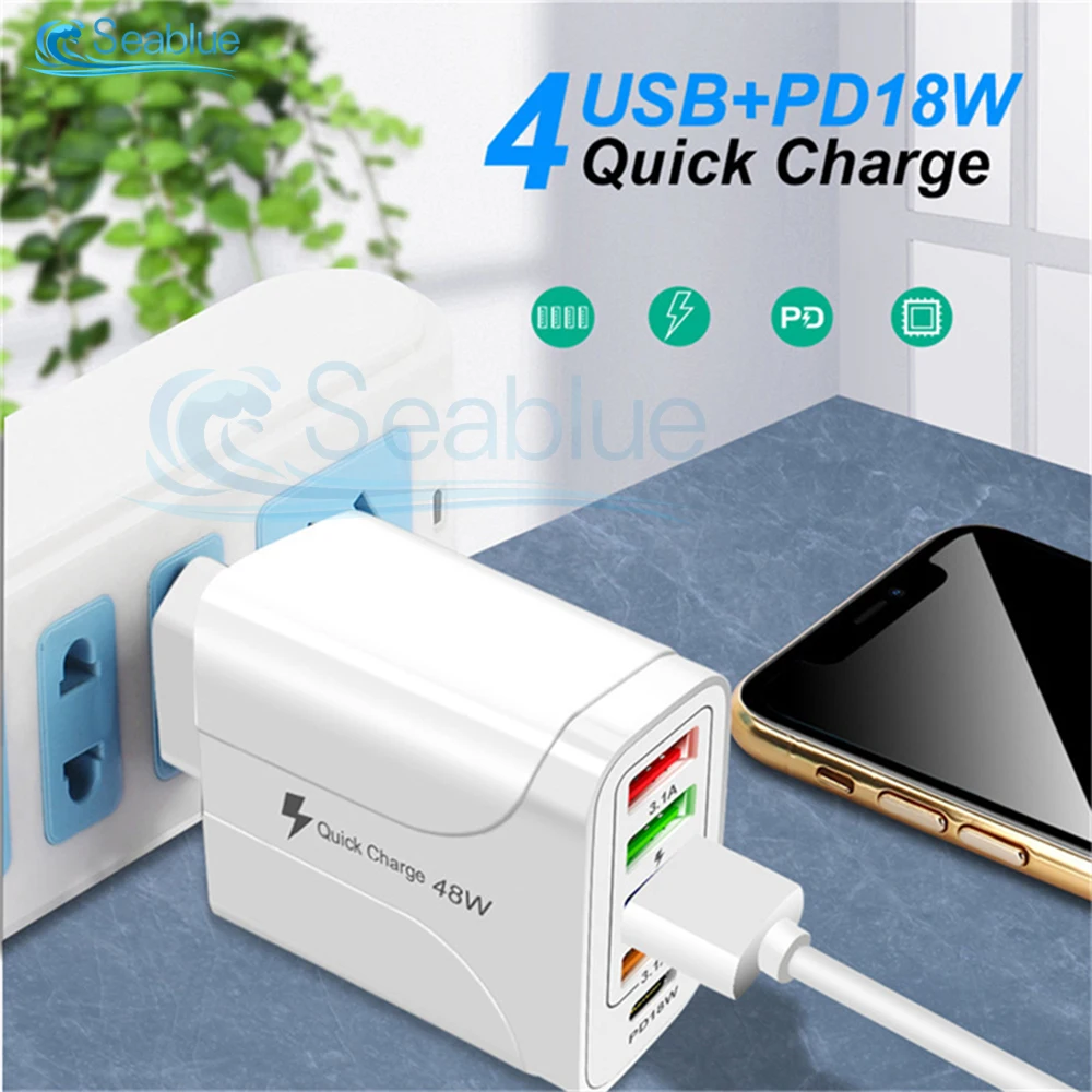 5 Port 48W Charger Fast Charger USB Charger Power Adapter 4USB 3.1A QC3.0 PD 18w Fast Charge Wall Charger Fit for Apple Samsung