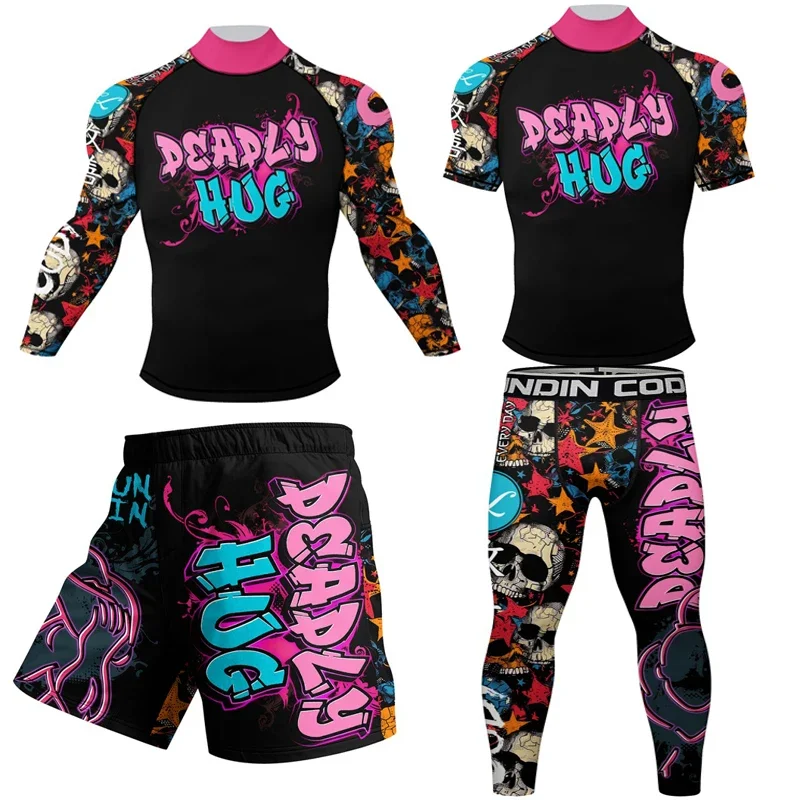 New Skull MMA Compression Rashguard T-Shirt+Shorts Set Bjj Rash guards Jiu Jitsu Shirts Muay Thai Workout Boxing Clothing Suit