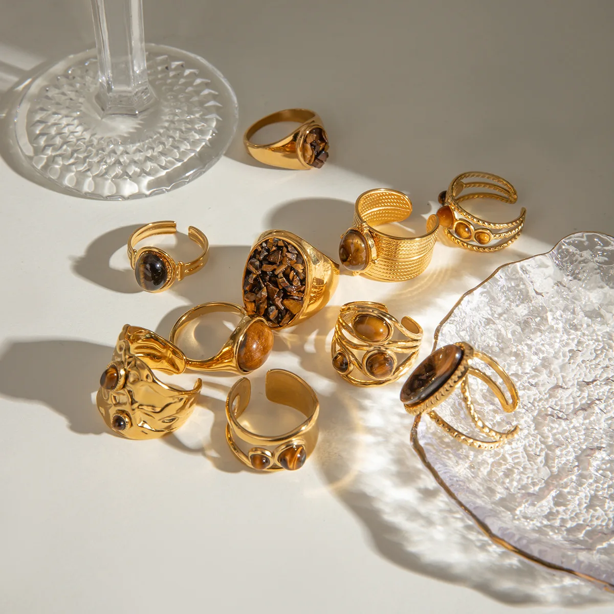 

18K Gold Stainless Steel Natural Stone Ring Waterproof Titanium Steel Finger Ring Fashionable Accessory Ins Style Hand Jewelry