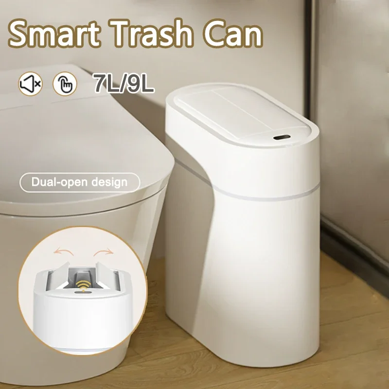 Smart Sensor Trash Can with Lid 7/9L Trash Bin Wall Mount Automatic Narrow Slit Toilet Wastebasket Kitchen Induction Garbage Bin