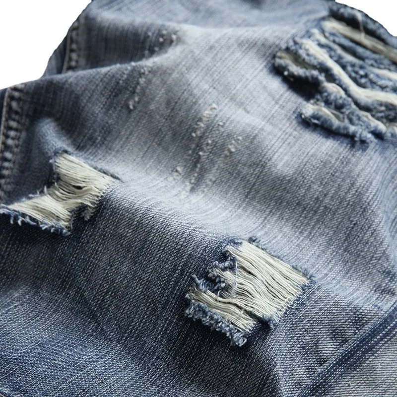 جديد الصيف الرجال الرجعية ثقوب رقيقة الدنيم السراويل الجينز نوعية جيدة الذكور القطن مستقيم فضفاض السراويل ممزق الركبة طول الجينز 42