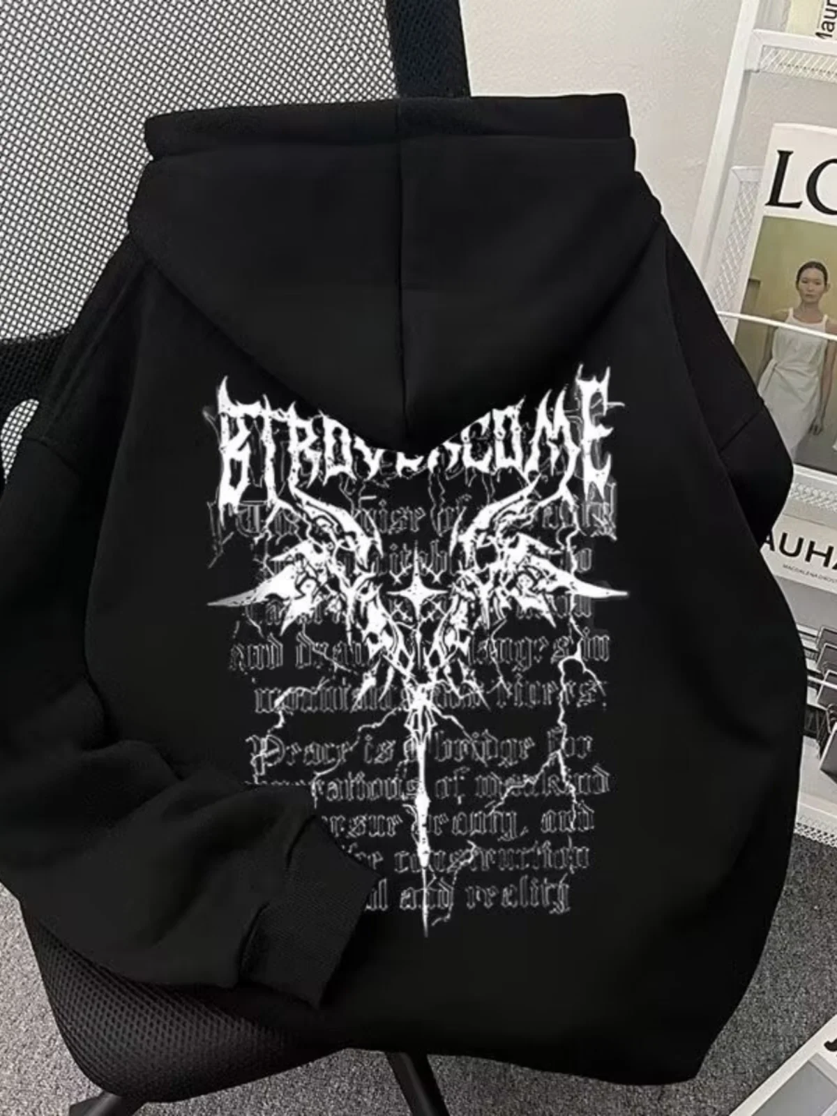 Letter Wing Print Men Women Pullover Hoodie Outdoor Street Casual Sports Loose Hip Hop Trend Autumn Winter Warm Sweatshirt Top