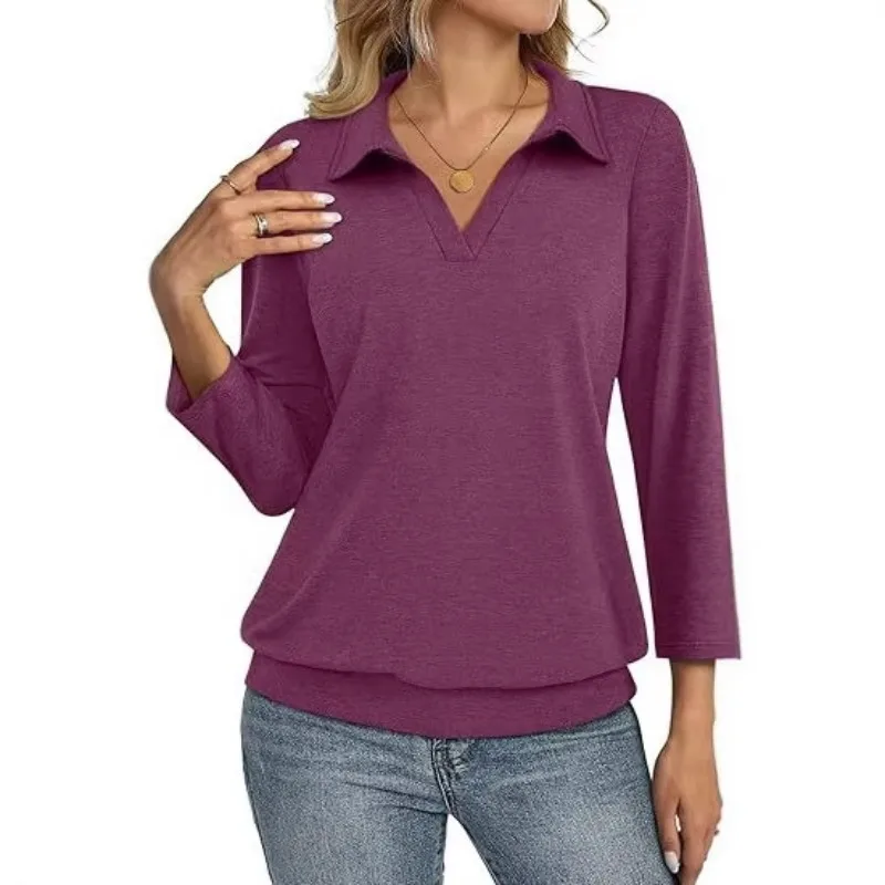 in Europe and America New Type of Women's V-neck Solid Color Cotton Commuting T-shirt with A Wind Sleeve for Cross-border Trade
