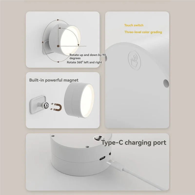 

ABZV-перезаряжаемый магнитный светодиодный настенный светильник 360° ° Вращающийся сенсорный и дистанционный прожектор для дома и офиса B