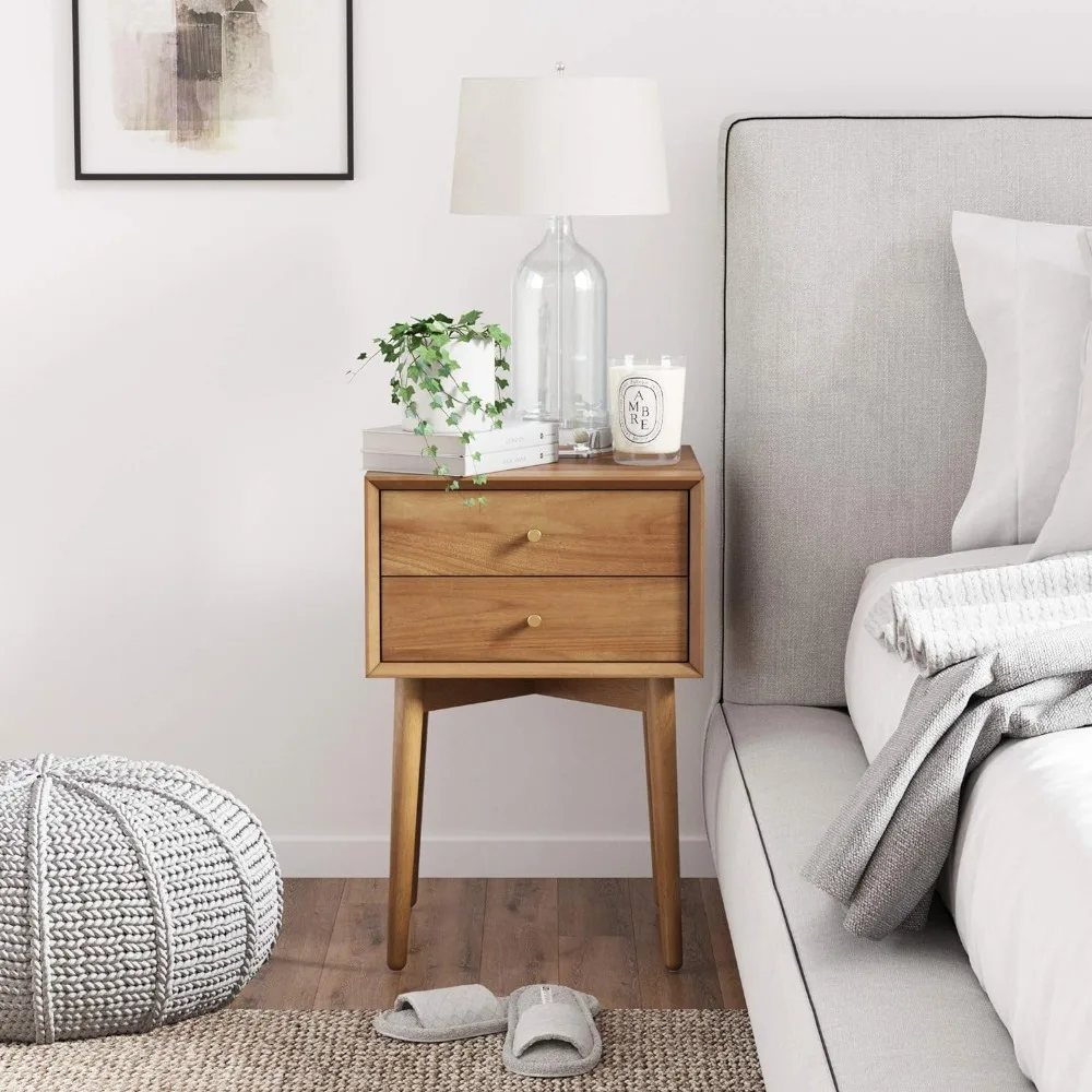 32704 Harper Mid-Century Oak Wood Nightstand with 2-Drawers, Small Side End Table with Storage