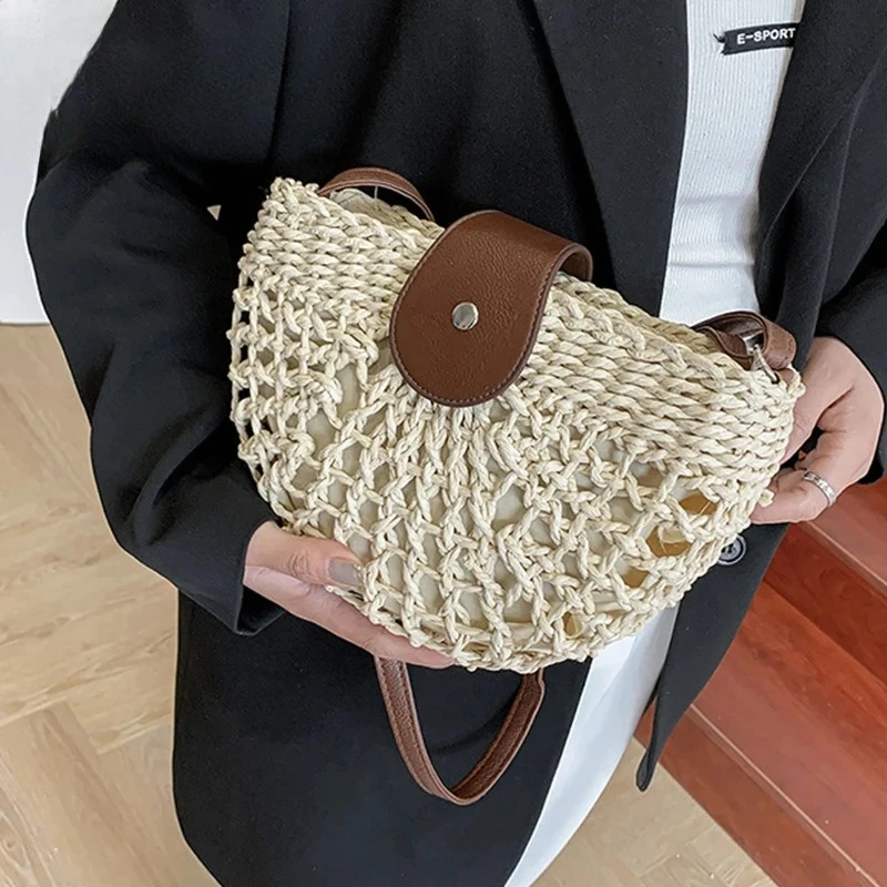 

Crossbody Bags Summer Straw Bag Fashion Semicircle Crossbody Bags Rattan Handmade Messenger Handbag Travel Beach Bags Tote