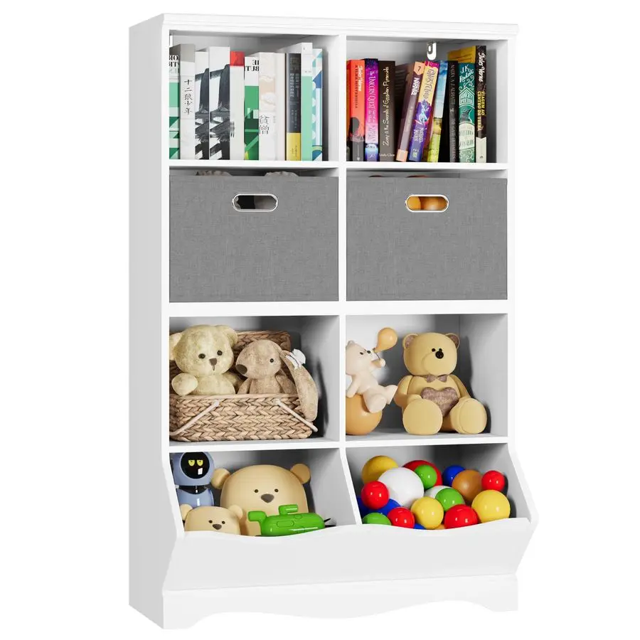 

Toy Storage Organizer, Children Bookcase and Bookshelf with 2 Bins and Cubbies, Toddler 8 Cubby Toy Storage Cabinet for Boys Gir