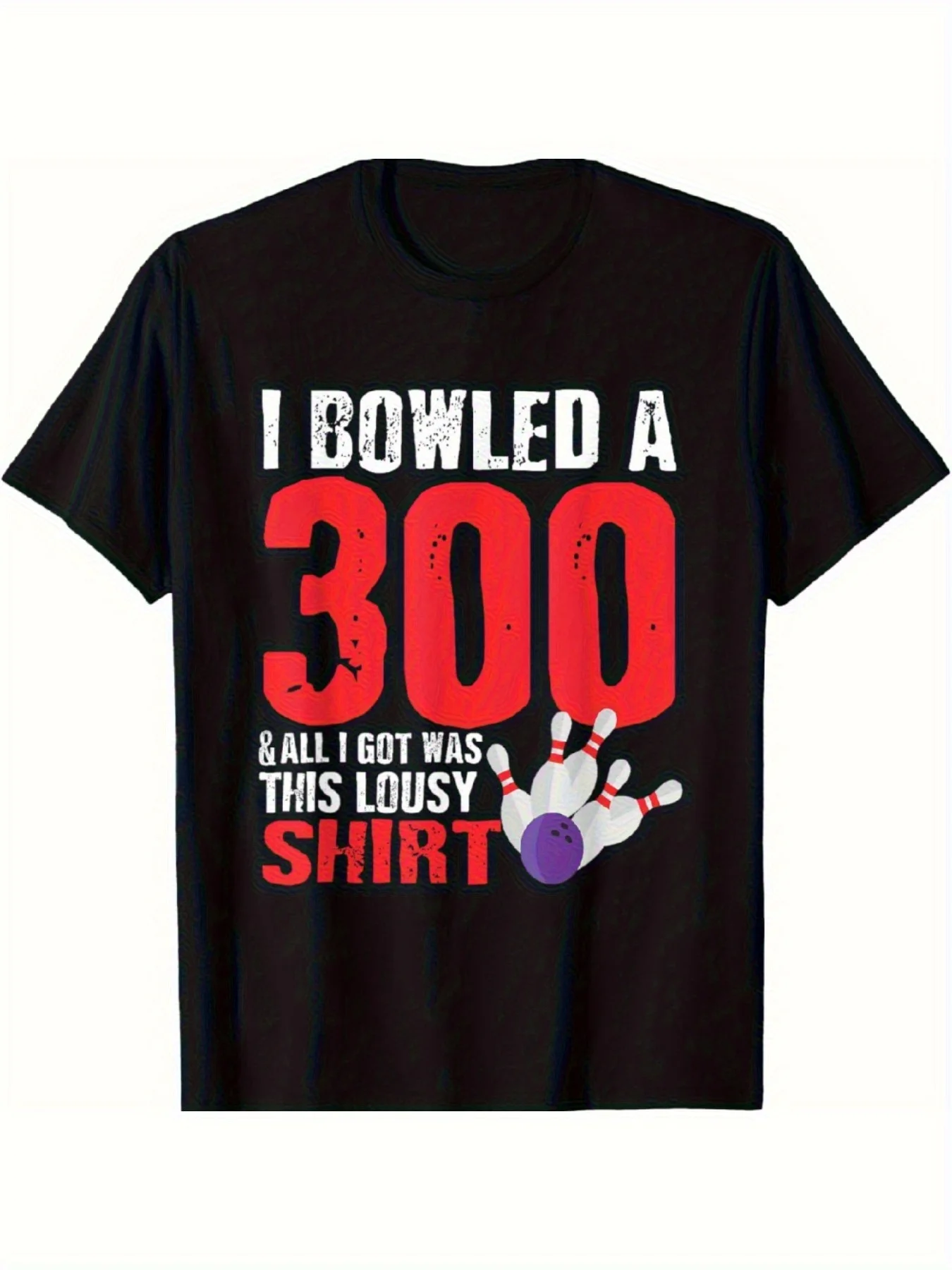 Men's Black Bowling 300 Game Achievement T-Shirt - I Bowled 25.0 ft Print, RedWhite Stitch Design, Casual Short Sleeve Crew Neck Top, Perfect for Bowling Enthusiasts and Sports Fans, Bowling Shirt, Durable Fabric, Game Day Outfit, Breathable