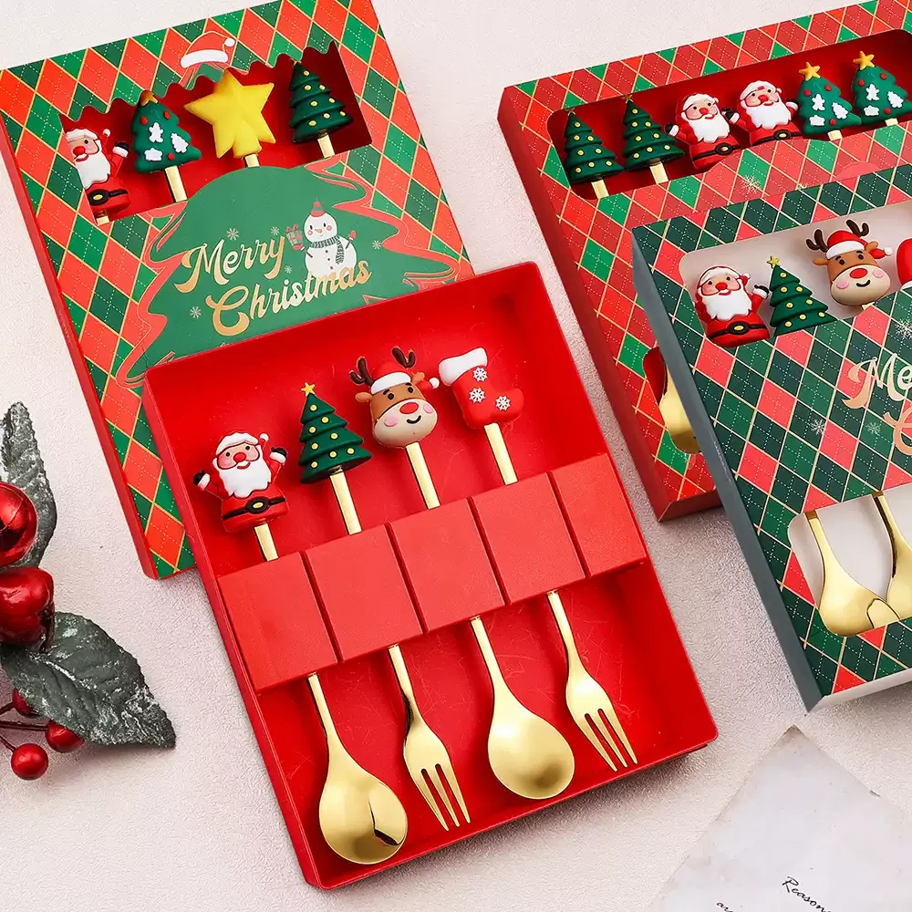 2/4/6Pcs Christmas Fork And Spoon Set,Stainless Steel Creative Tableware,Coffee Tea Dessert Forks And Spoons Gift Set