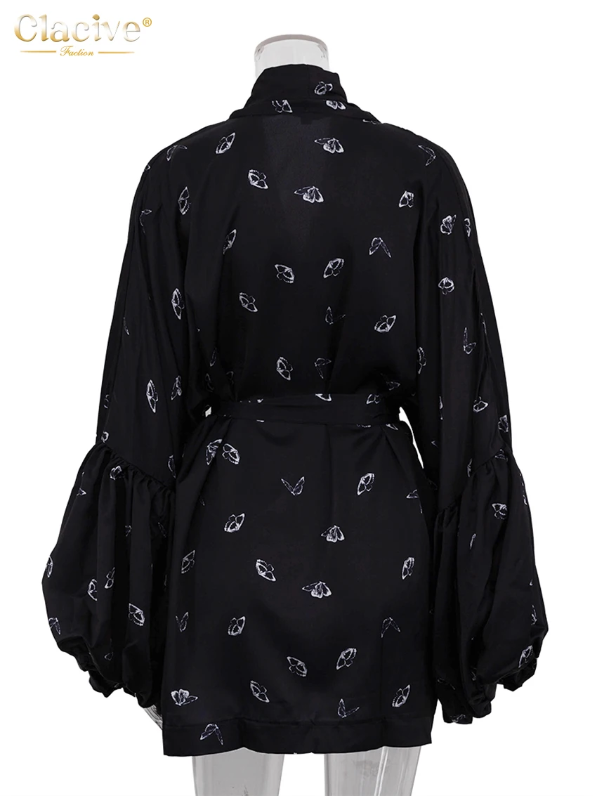 Clacive Fashion Loose Print Women\'s Dress 2025 Casual V-Neck Long Sleeve Mini Dresses Elegant Classic Lace-Up Female Dress