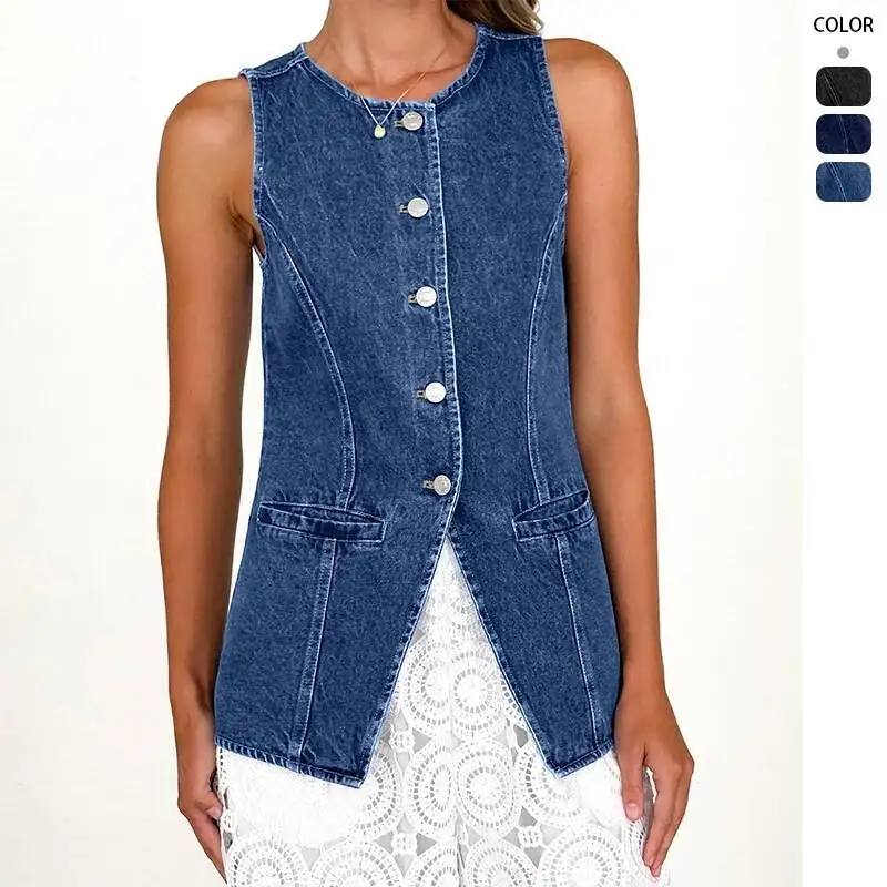 

New Fashionable Round Neck Sleeveless Waist-Cinching Denim Vest For Women