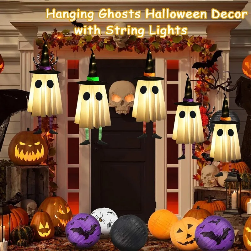 Halloween Hanging Ghost Decorations, Outdoor Halloween Witches Hat Lights, Glowing Ghosts for Garden Trees, Yard Halloween Decor