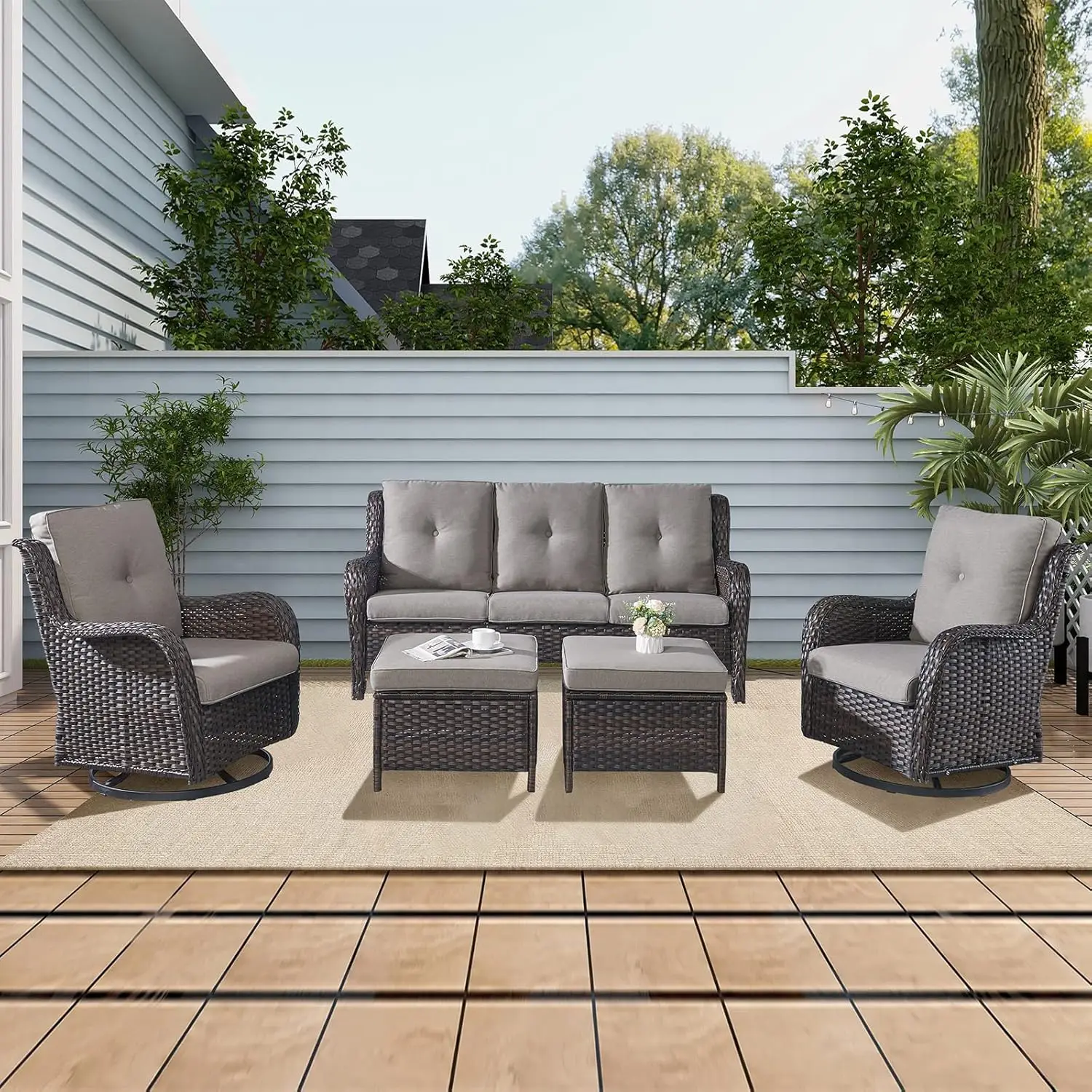 

5PC Patio Furniture Set Rattan Wicker Outdoor Sectional Conversation Sets with 2 Swivel Rocking Chairs 2 Ottomans and 1 Sofa