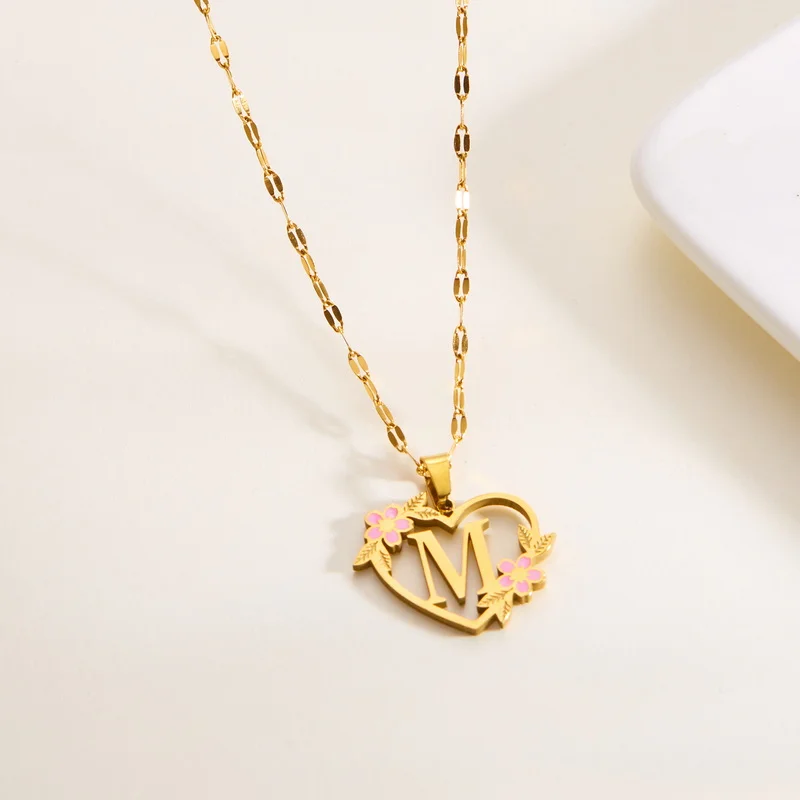

Trendy Stainless Steel Flower Initial Letter Name Pendant Necklace For Women A-Z Unisex Friendship Choker Party Jewelry Gift