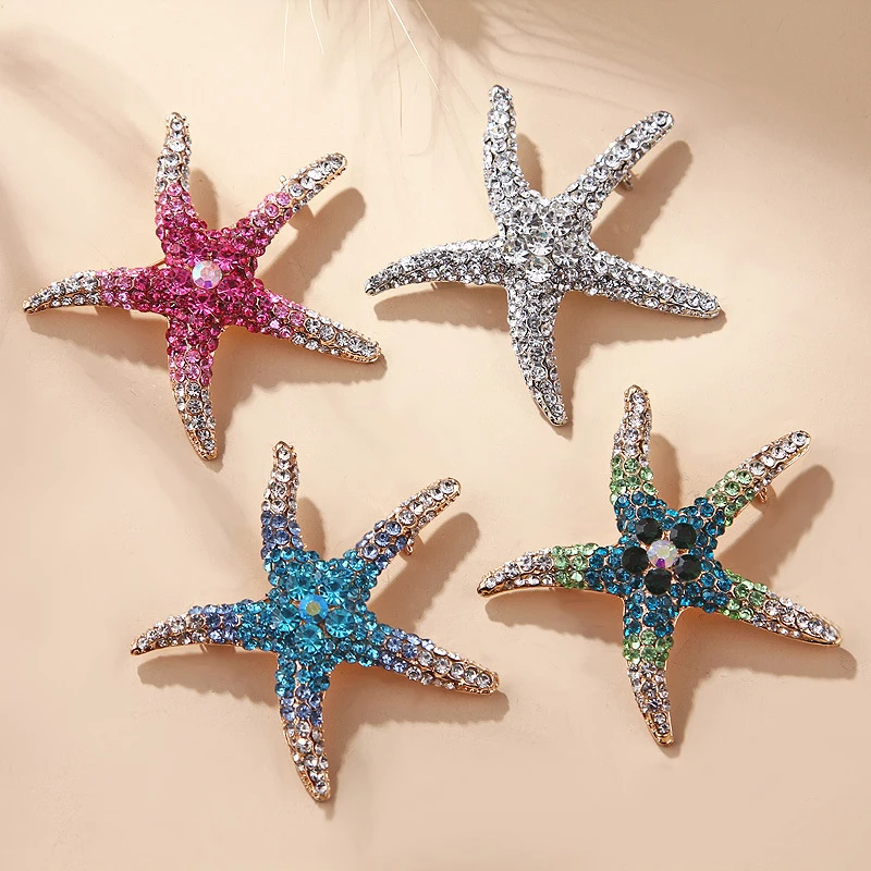 1Pcs New Star Brooch Pins Shiny Inlaid Rhinestone Cute Multi-Color Starfish Brooches For Women Men Suit Clothes Jewelry Gift