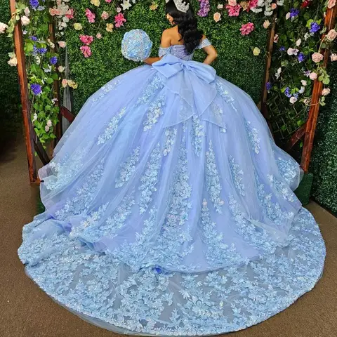 Customized Vestidos De 15 Años Light Blue Princess Beaded Crystal Corset Quinceanera Dresses Lace Appliqued Birthday Pageant