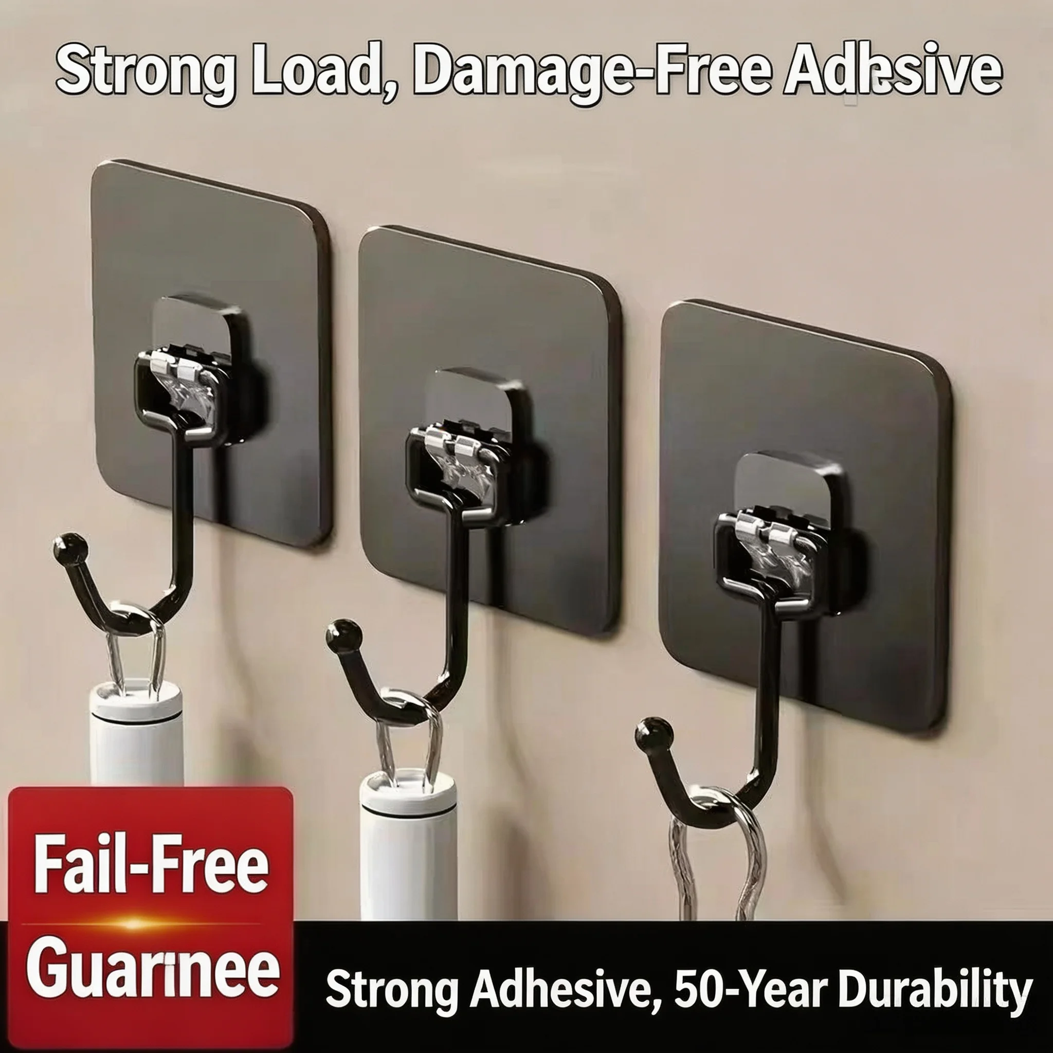 Super Strong Sticky No‑Punch Hooks, Black Large No‑Trace Wall Mount Hooks, Heavy Duty Hanging Hooks for Door Back Kitchen Bathro