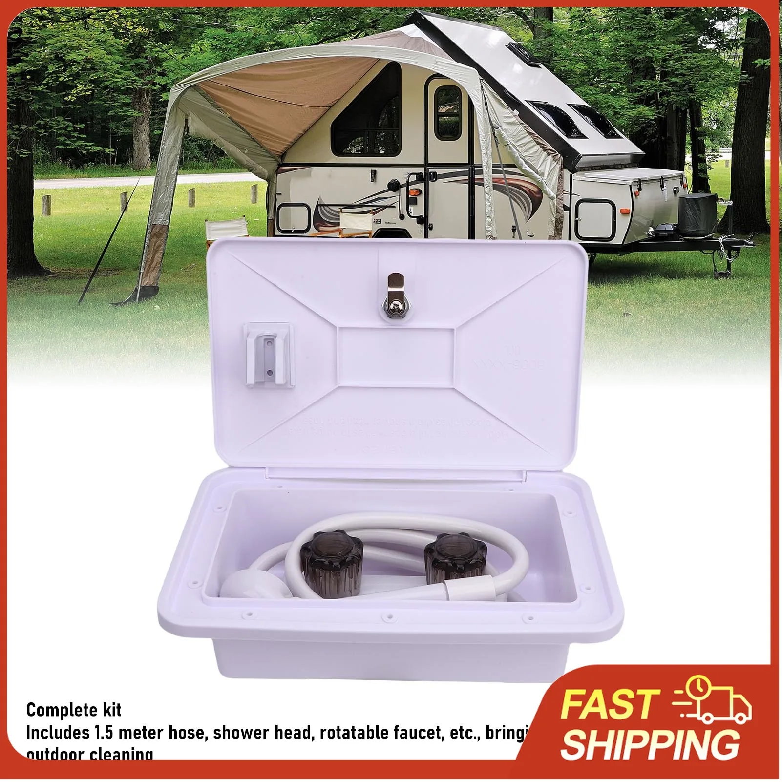 

RV Outdoor Shower Box Kit with 1.5M Hose & Rotating Faucet, Sun-Resistant for Camping Trailer Boat, Easy Clean Pets Gear