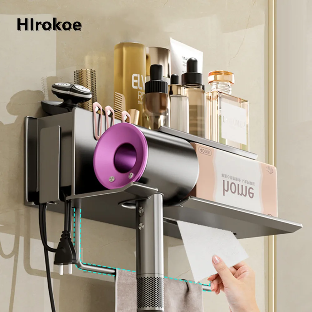 

Hair Dryer Storage Rack Removable And Washable No Punching Bathroom Hair Dryer Holder Towel Cosmetics Storage Rack Double Layer