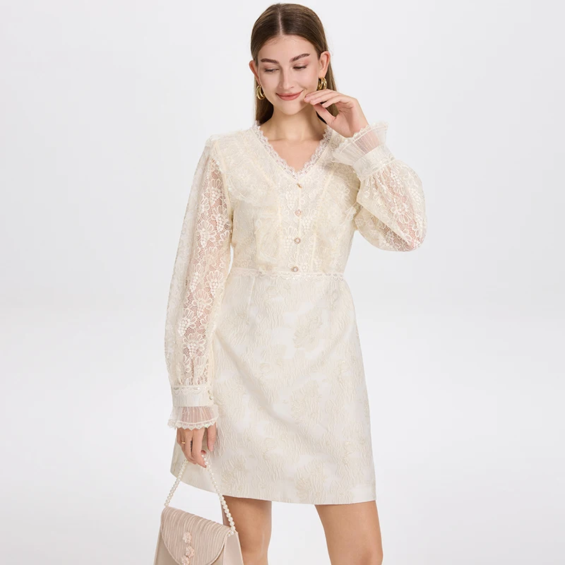 Abiti corti ricamati in pizzo francese elegante con scollo a V manica da principessa a vita alta abito da sera da festa di lusso autunnale da donna