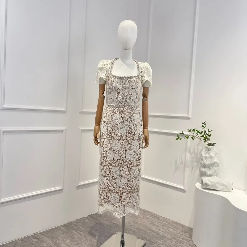 

Женское платье-миди с коротким рукавом, бежевое ажурное платье в винтажном пляжном стиле, весна-лето 2024