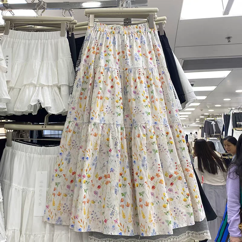 

Ele Floral Print f Skirt Women's Spring 2025 New Sle Elastic Waist Slimming Midi Umbrella Skirt Cake Sle Loose Fit