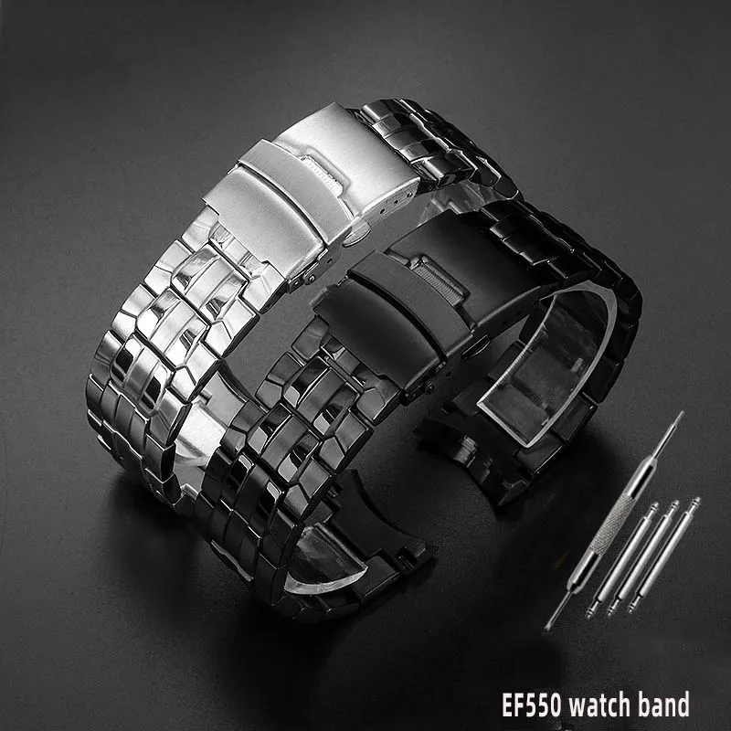 For Casio EF-550 EF-524 Stainless Steel Watchband Silver Black Strap Deployment Buckle Bracelet Metal Belt Men\'s Watch Chain