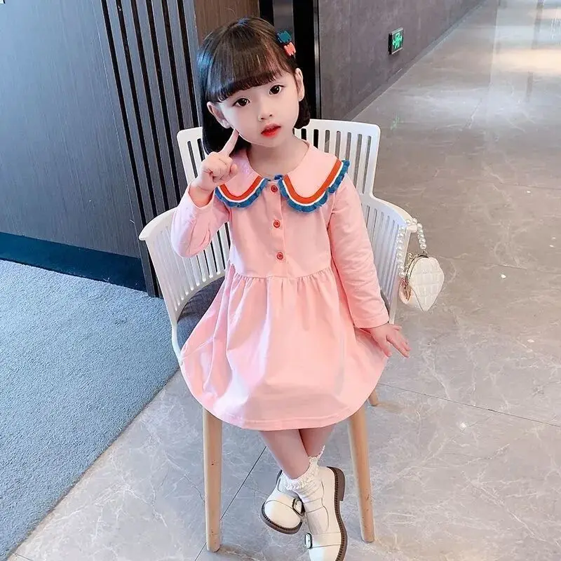 Baby girl long sleeved dress spring and autumn pure cotton fashionable children's princess style dress doll collar dress 2024